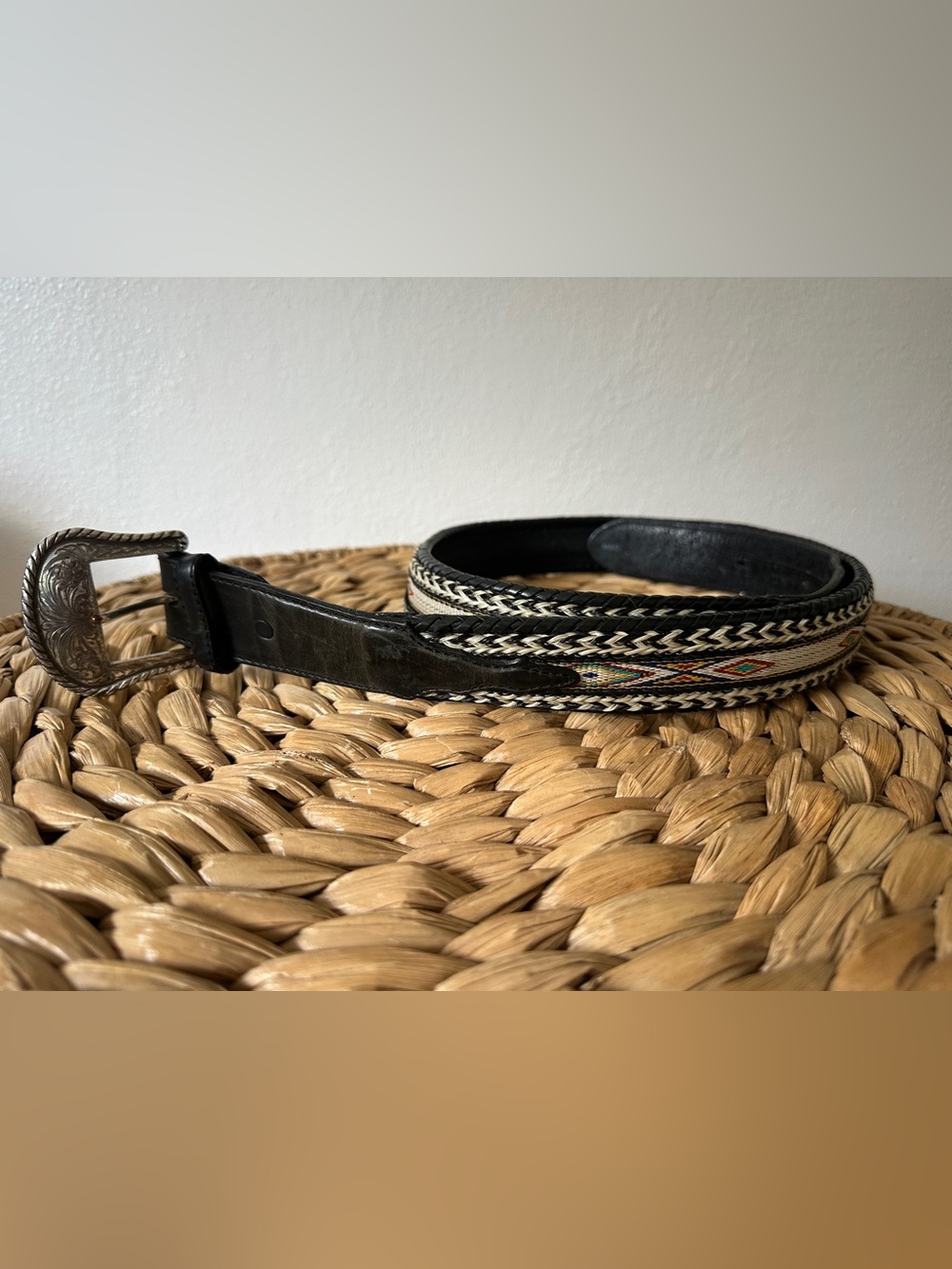 Tony Lama Black Leather Belt with Braided Woven Accent